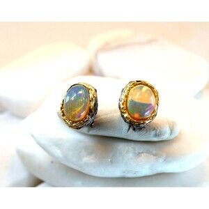 Ethiopian Opal Gemstone 925 Silver Oxidized Stud Earrings Women's Jewelry
